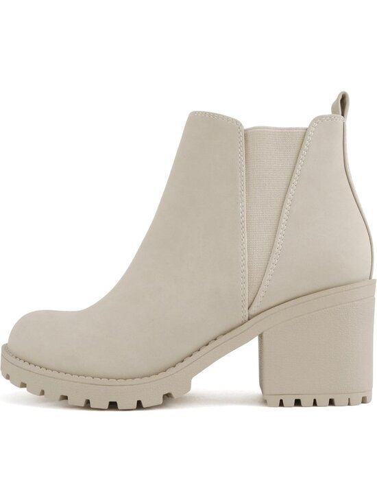 Shoes - Women's Sand Nubuck Origami Lug Sole Mid Heel Ankle Bootie Double Elastic Boot